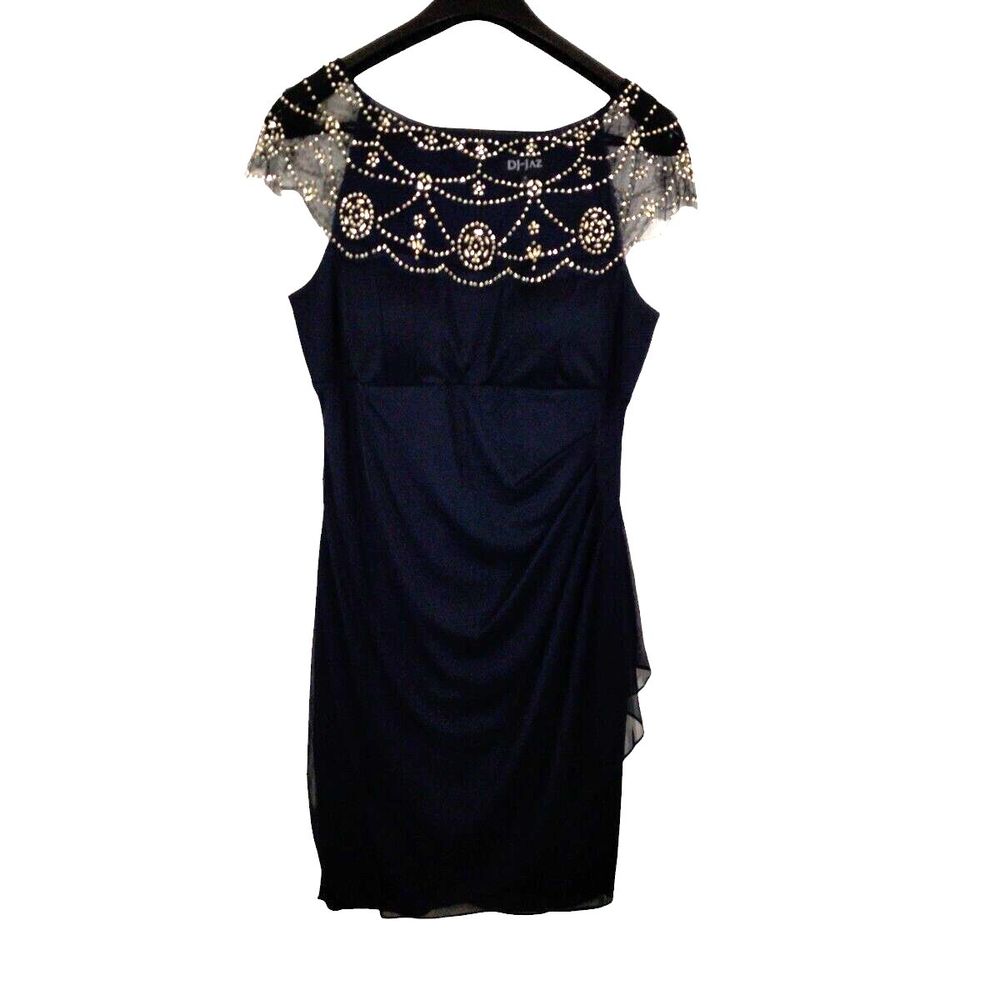 Elegant Navy Asymmetrical Dress with Beaded Illusion Neckline
